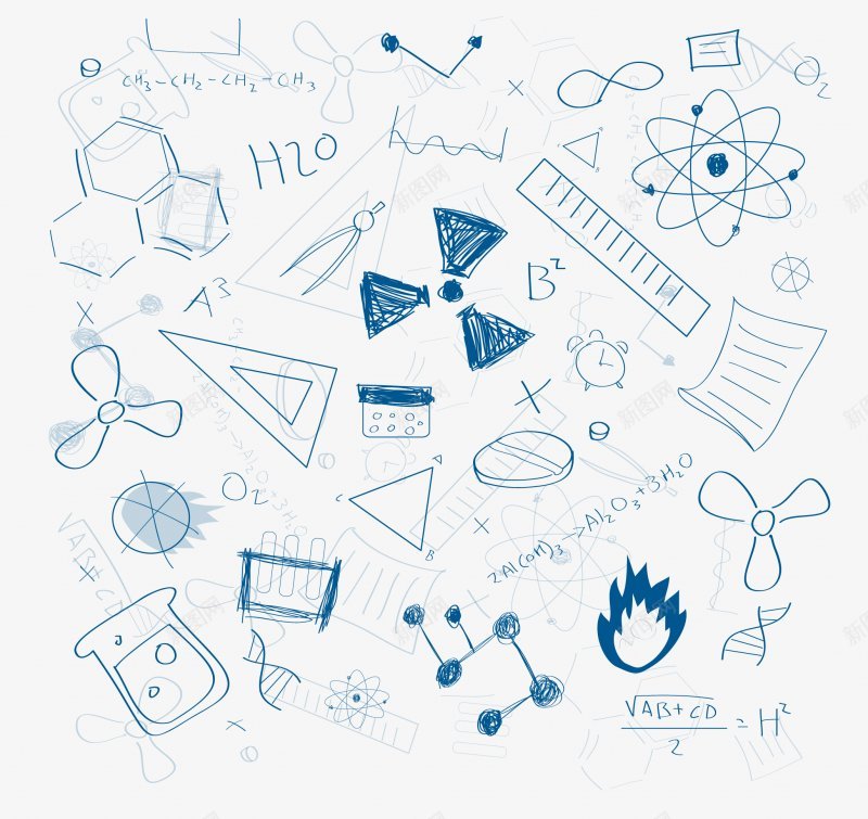 手绘蓝色学习用品和化学分子式插画png免抠素材_新图网 https://ixintu.com 卡通 手绘 背景 文化 学习用品 直尺 圆规 钟表 分子式 方程式 各种各样矢量精美图案 蓝白 简笔画 插画