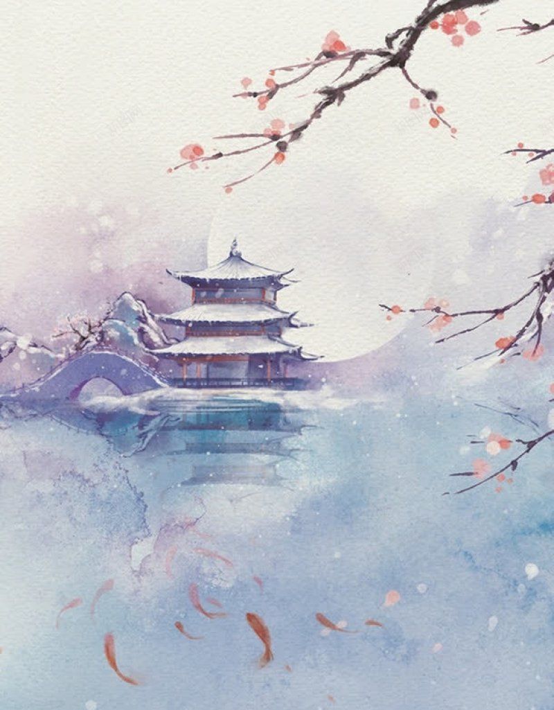 中国风月下水边庭院花枝海报中国风jpg设计背景_新图网 https://ixintu.com 中国风