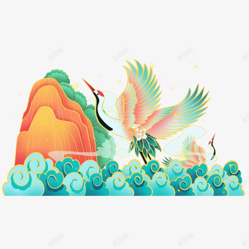 国潮飞鹤山石祥云景色风景png免抠素材_新图网 https://ixintu.com 中国 国潮 国风 景色 风景 飞鸟 飞鹤 祥云 山石