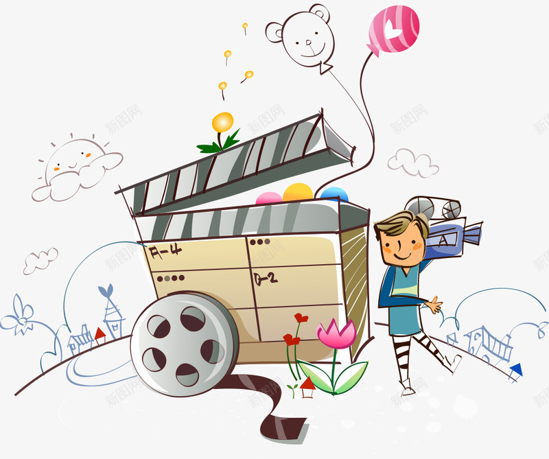 电影元素与男孩png免抠素材_新图网 https://ixintu.com 人物 人物插画 卡通人物 卡通插画 卡通男孩 电影 男孩 矢量人物 矢量男孩