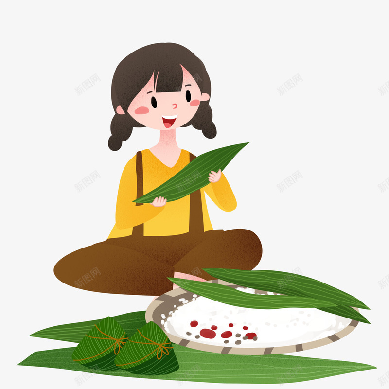 端午节卡通女孩包粽子png免抠素材_新图网 https://ixintu.com 包粽子 卡通女孩 端午节 绿色