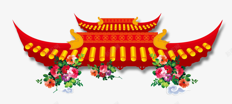 城楼门头psd免抠素材_新图网 https://ixintu.com 城楼门头素材 牡丹花开 砖红色城楼门头 砖红色背景 鲜花图片素材