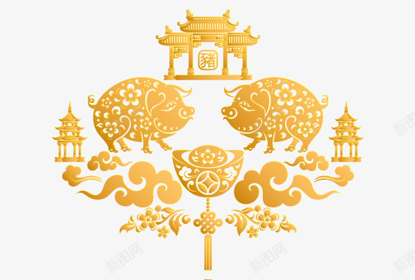 2019猪年金猪矢量图ai免抠素材_新图网 https://ixintu.com 2019年 中国风 元宝 元旦 南天门 塔 新年快乐 猪年 祥云 过年 矢量图