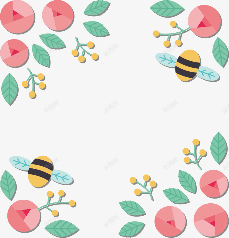 粉红花朵装饰边框png免抠素材_新图网 https://ixintu.com 小蜜蜂 浪漫花藤 矢量png 粉红色 粉色花朵 花朵边框 黄色