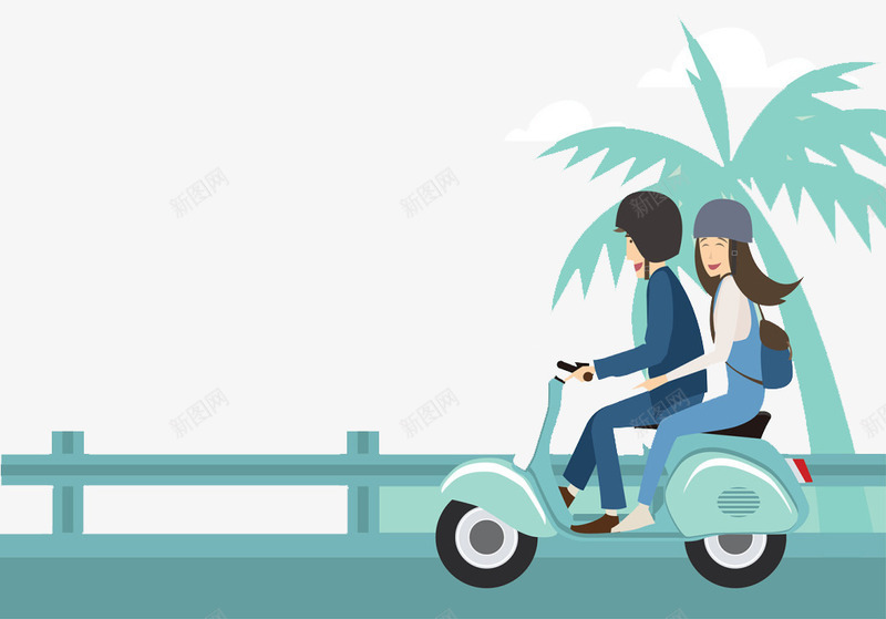 情侣出游png免抠素材_新图网 https://ixintu.com 公路 安全帽 摩托车 椰树 蓝色