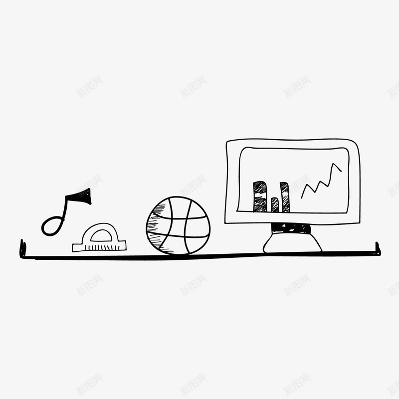 手绘校园元素书架背景png免抠素材_新图网 https://ixintu.com 学校元素 尺子 手绘 电脑 篮球