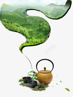 茶文化黄色茶壶茶田装饰高清图片