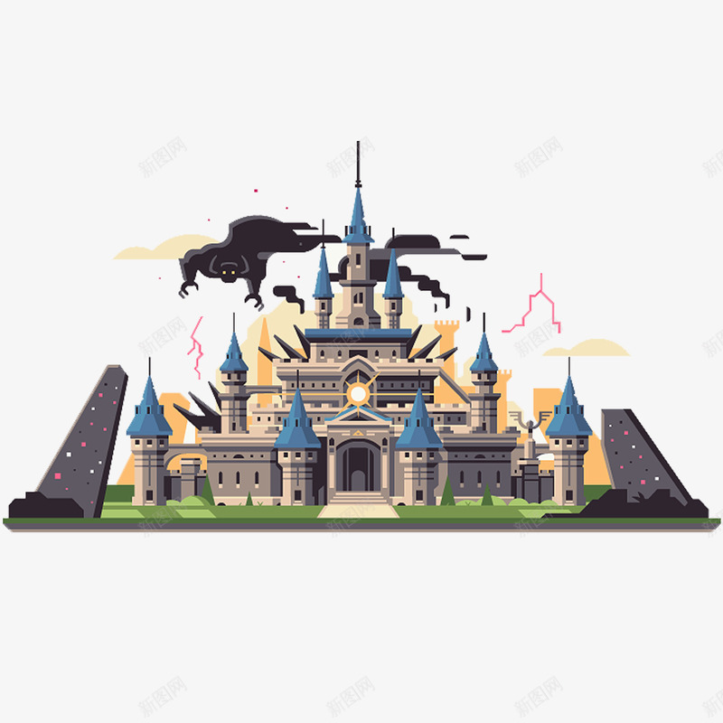 手绘乌云密布下的城堡png免抠素材_新图网 https://ixintu.com 乌云 图形 城堡 昏暗 森林城堡 海报设计 童话故事 草地 闪电