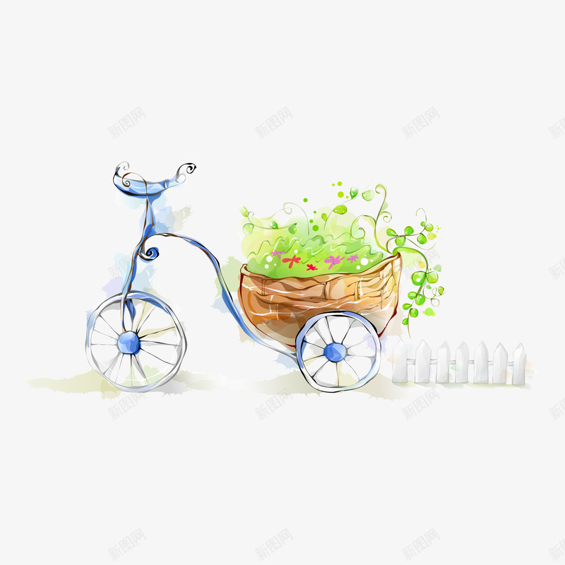 小清新载绿草的蓝色游园自行车png免抠素材_新图网 https://ixintu.com 手绘 春天风景 春天风景矢量素材 水彩 自然风景 自行车 花 花卉 草地 韩国风景