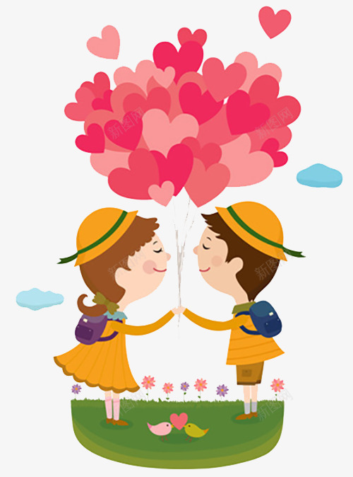 手绘爱情插画png免抠素材_新图网 https://ixintu.com 帽子 爱心气球 男女朋友