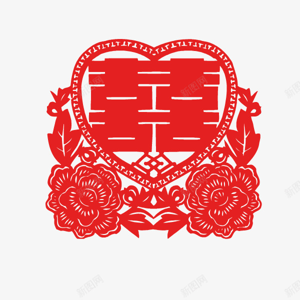 喜字双喜剪纸大红花纹点缀心png免抠素材_新图网 https://ixintu.com 剪纸 双喜 喜字 大红 心形 花纹点缀