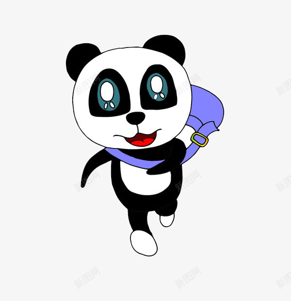 奔跑的卡通熊猫背包png免抠素材_新图网 https://ixintu.com 两眼放光 卡通人物 奔跑中 微笑 熊猫 背书包 背书包的人