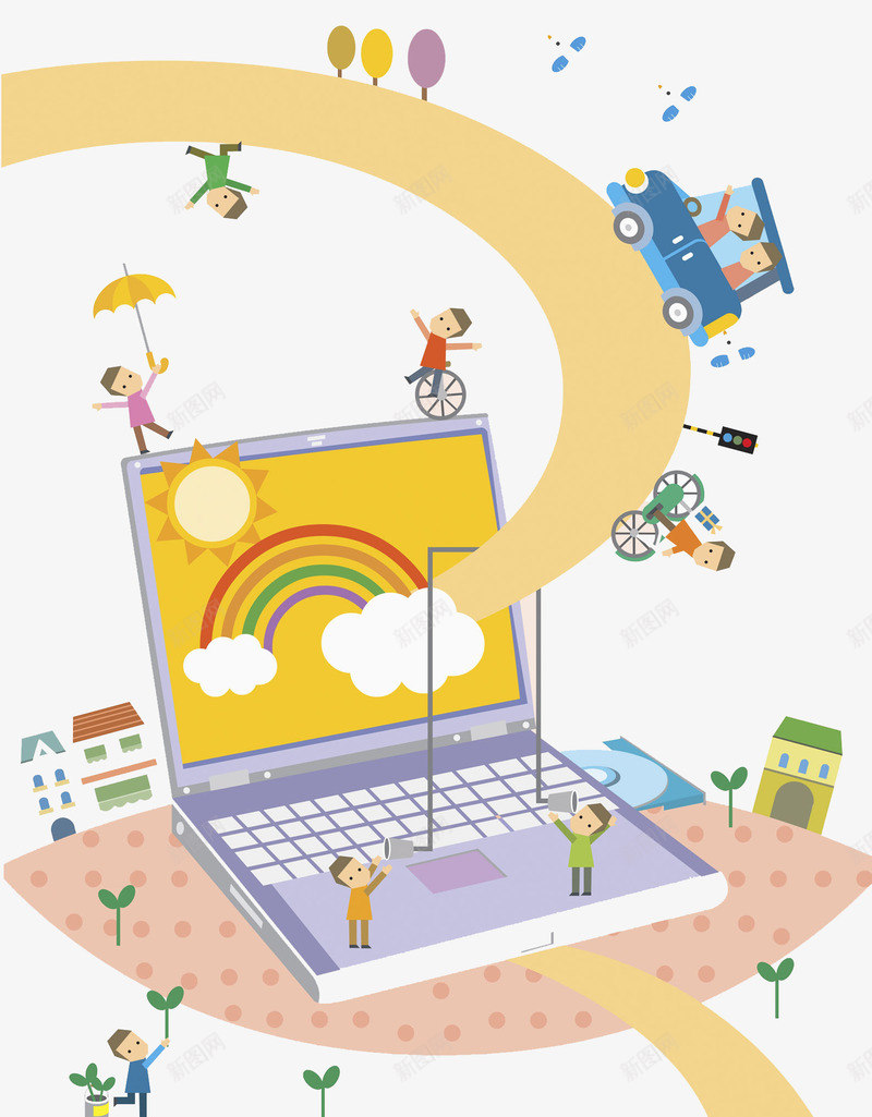 高速公路png免抠素材_新图网 https://ixintu.com 人物 公路 卡通 彩虹 手绘 显示屏 汽车 电脑