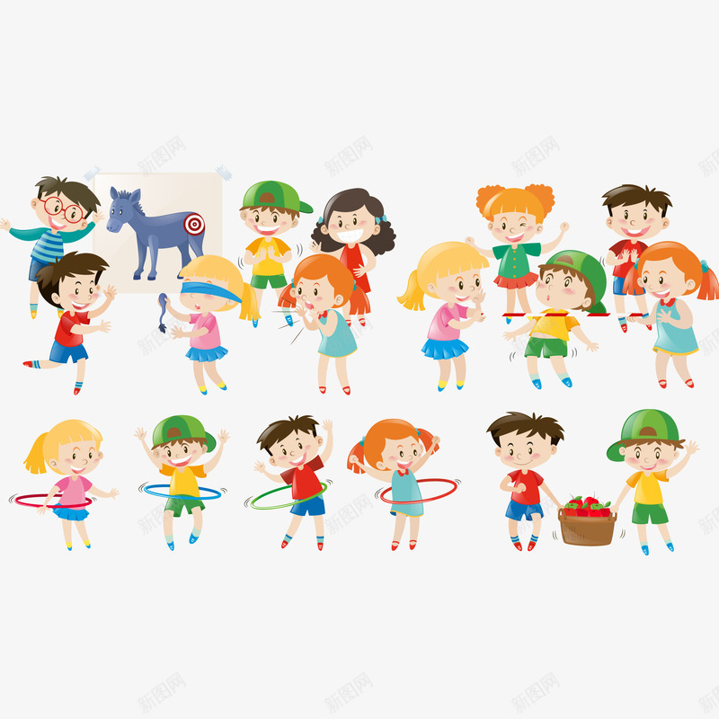孩子玩不同的游戏png免抠素材_新图网 https://ixintu.com 做游戏 卡通儿童 卡通女孩 卡通男孩 呼啦圈 孩子 小朋友 开心 开心的人 木马 游戏 玩耍