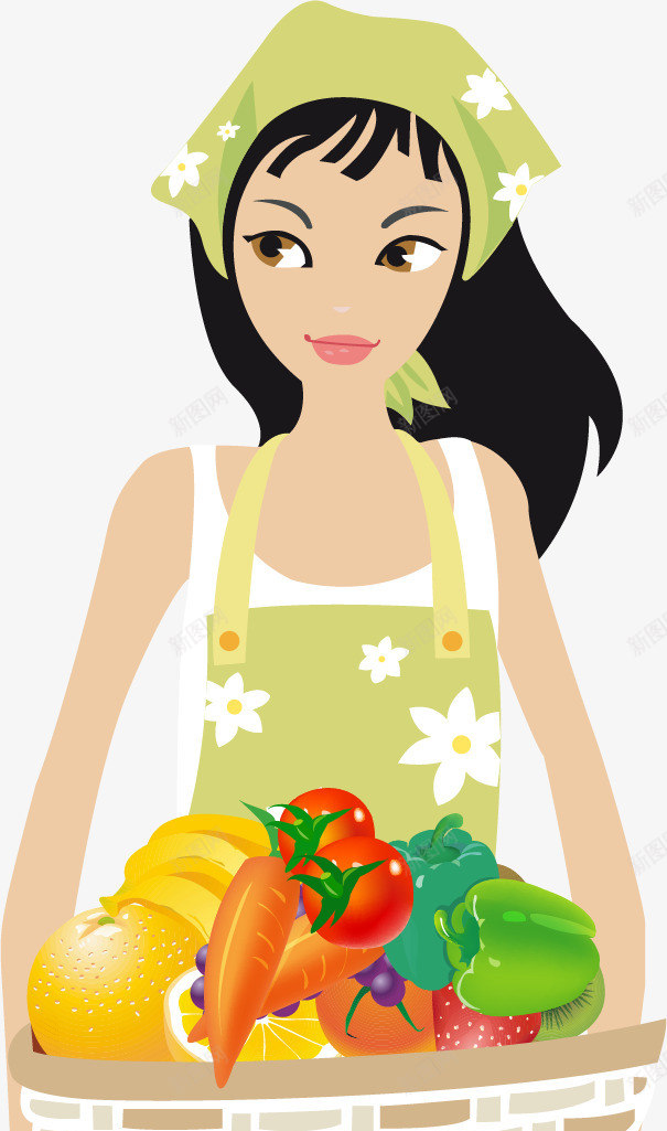 女孩抱着一篮蔬菜矢量图ai免抠素材_新图网 https://ixintu.com 卡通女孩 平面设计 框子 胡萝卜 蔬菜 西红柿 辣椒 矢量图