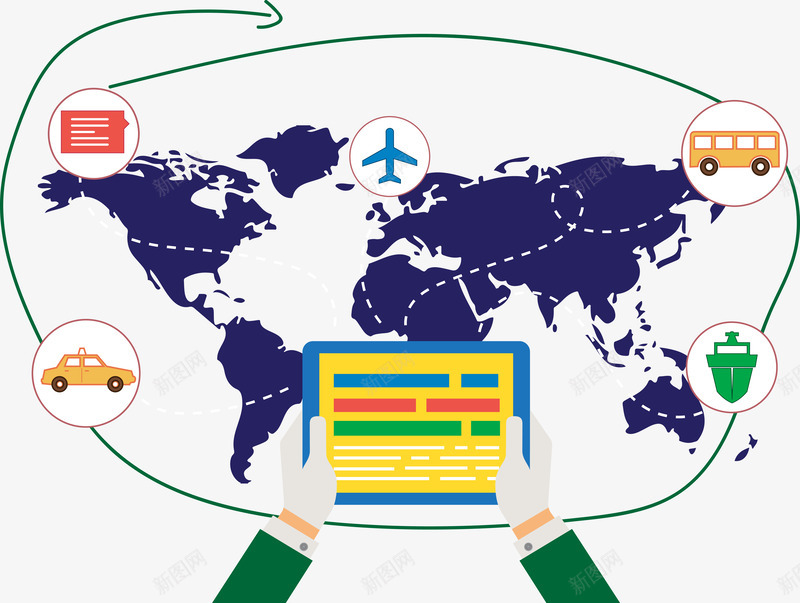 世界旅行路线png免抠素材_新图网 https://ixintu.com 双手 地图 地球 平板电脑 旅游路线 线路 蓝色
