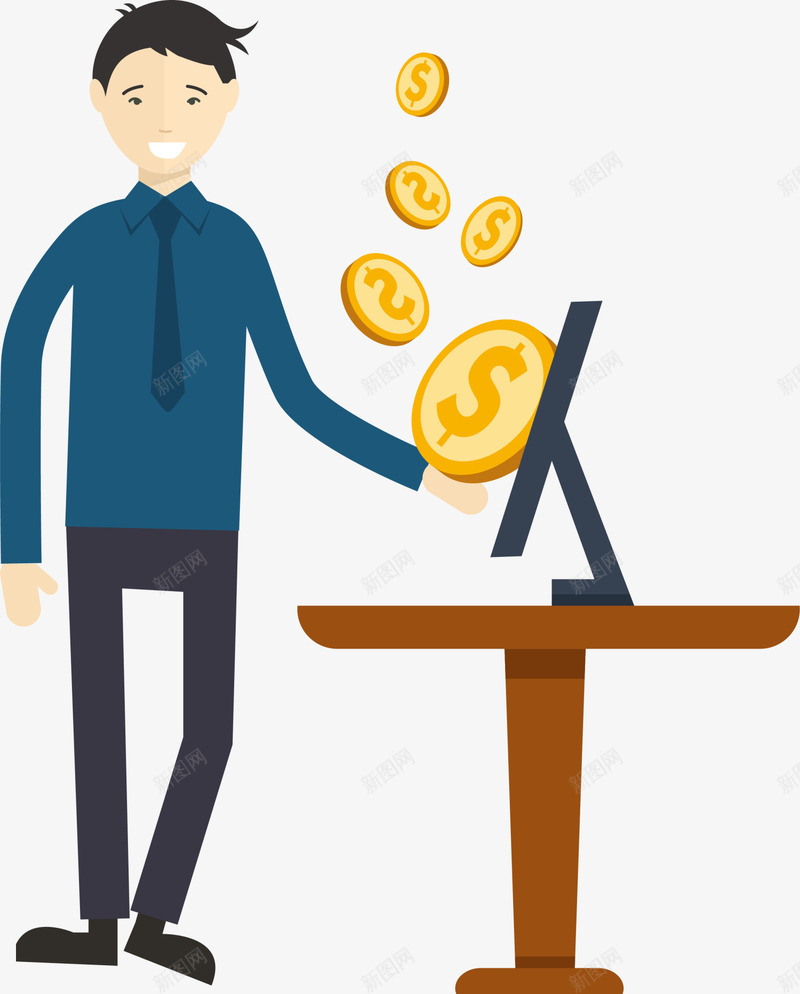 蓝色卡通电脑男生png免抠素材_新图网 https://ixintu.com 商业 数据 炒股 电脑 蓝色男生 金币 金融