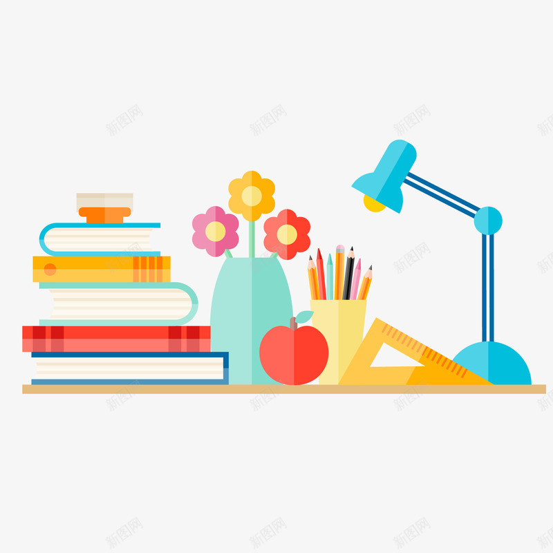 卡通扁平化文具png免抠素材_新图网 https://ixintu.com 书本 书桌 卡通 台灯 文具 笔筒 背景装饰