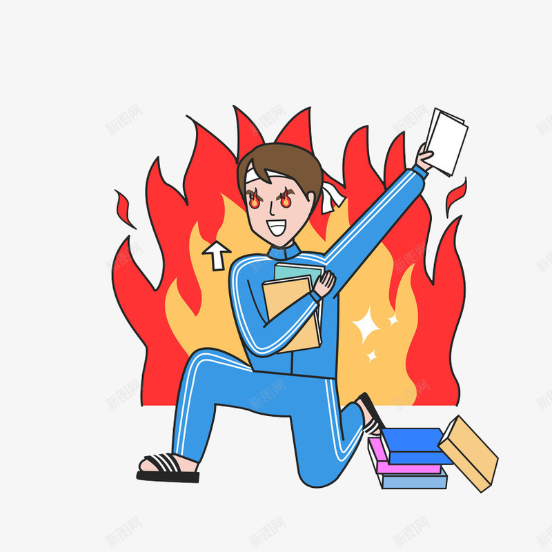努力学习男孩的大爆发png免抠素材_新图网 https://ixintu.com 书本 创意 卡通 学习 手绘 火力 短发男孩