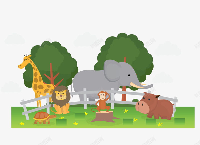 卡通动物园png免抠素材_新图网 https://ixintu.com zoo 动物园 卡通 大树 大象 手绘 棕色 狮子 绿色