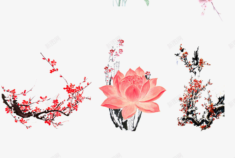 中国风梅花荷花元素psd免抠素材_新图网 https://ixintu.com 中国风梅花 古风远山 古风风景 国画梅花 手绘梅花 梅花 梅花花瓣