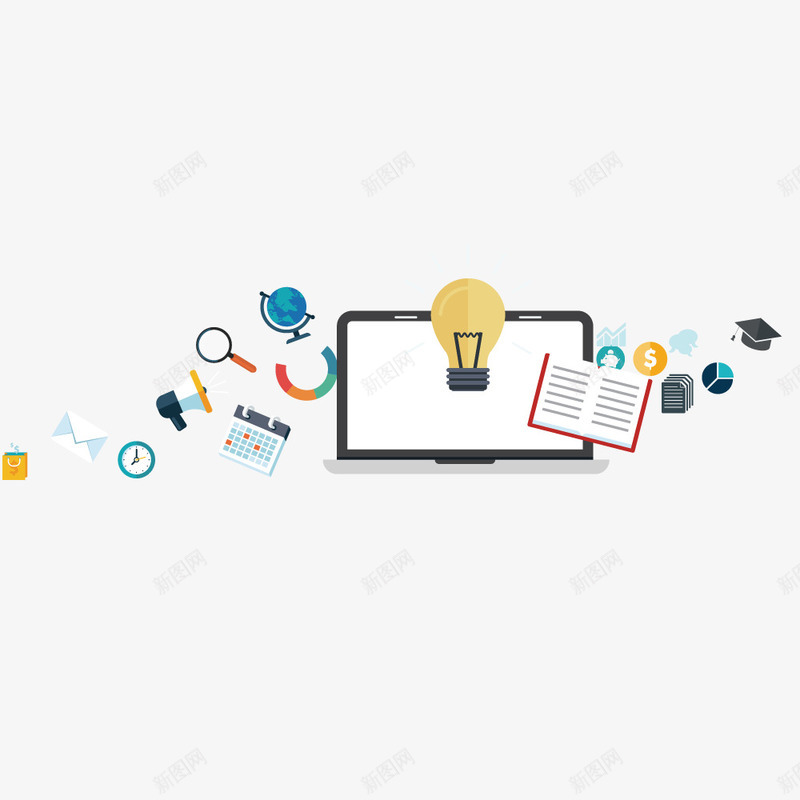 互联网元素矢量图ai免抠素材_新图网 https://ixintu.com 书本 互联网 放大镜 灯泡 电脑 矢量图