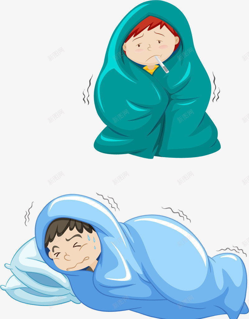 手绘生病的男孩png免抠素材_新图网 https://ixintu.com 发抖男孩 发烧 感冒 手绘 生病 男孩 蒙着杯子的男孩