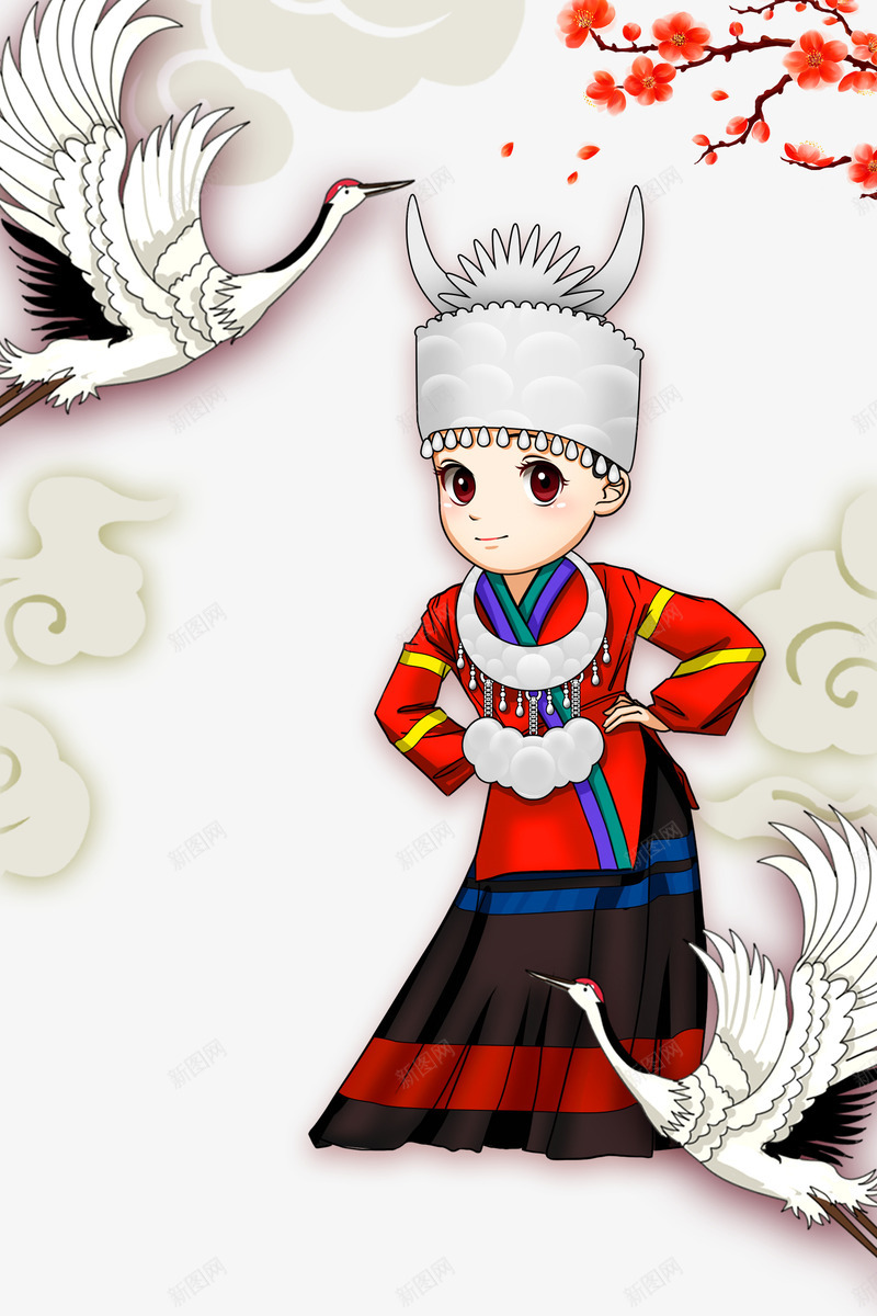 手绘人物背景图psd免抠素材_新图网 https://ixintu.com 国潮元素 丹顶鹤 仙鹤 云朵 逼真 手绘人物 花朵 腊梅 梅花