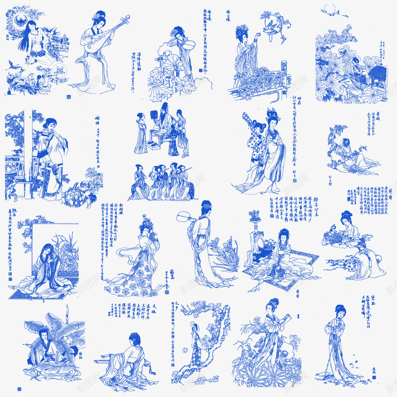 青花瓷上的仕女图装饰psd免抠素材_新图网 https://ixintu.com png元素 仕女图 古代仕女图 蓝色 青花瓷