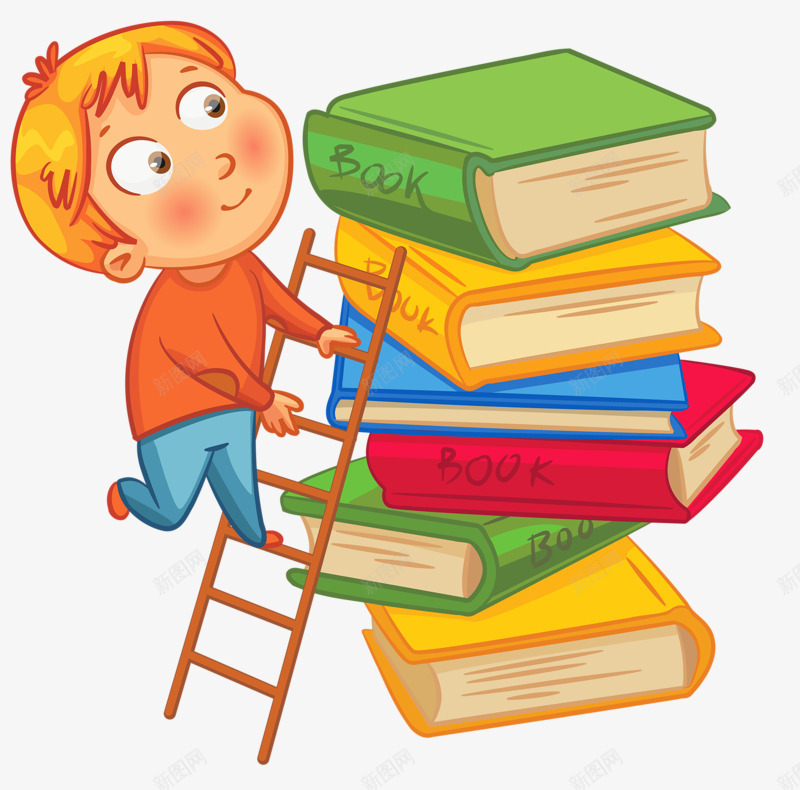 求知若渴的小男孩png免抠素材_新图网 https://ixintu.com 书本 卡通 学习 梯子 知识