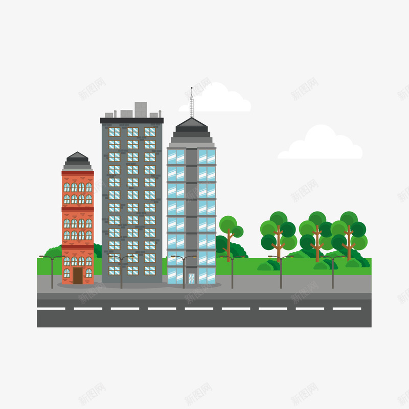 扁平化城市建筑png免抠素材_新图网 https://ixintu.com 卡通建筑 城市建筑 城市高楼 扁平化设计 插画风景 摩天大楼 高楼大厦