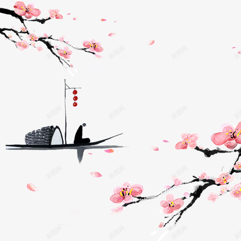 水墨粉色桃花钓鱼者png免抠素材_新图网 https://ixintu.com 中国风 中国风书封面 古风设计 封面装饰 水墨画 粉色桃花 钓鱼国画 钓鱼者