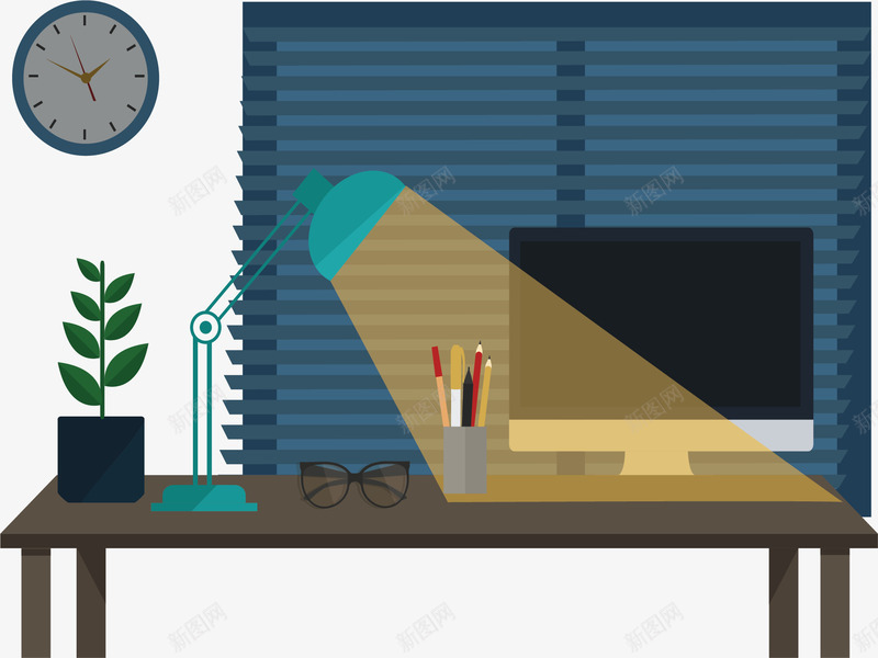 夜晚办公书房矢量图ai免抠素材_新图网 https://ixintu.com 书房 书房设计 室内设计 家居家装 矢量png 装修设计 矢量图