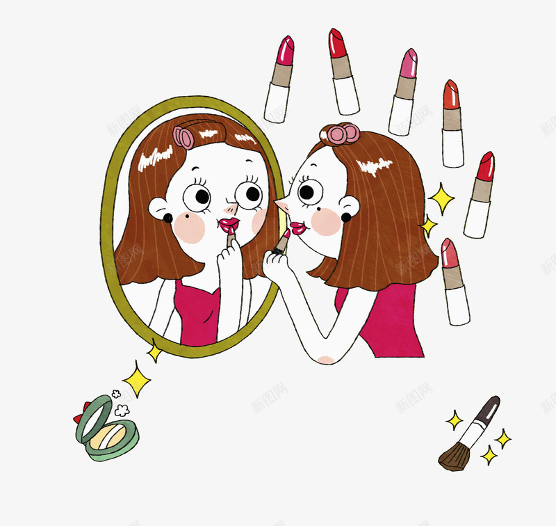 卡通化妆的女人图png免抠素材_新图网 https://ixintu.com 化妆 卡通 女人 插图 时尚的 漂亮 照镜子 美妆