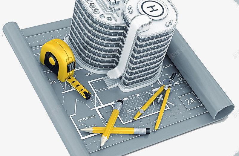 3D建筑png免抠素材_新图网 https://ixintu.com 圆规 土木工程 尺子 规划图 设计图