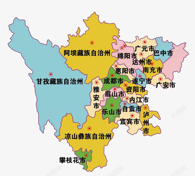 彩色四川地图和行政区域划分png免抠素材_新图网 https://ixintu.com 划分 四川 四川地图 地图 彩色 彩色地图 行政区域