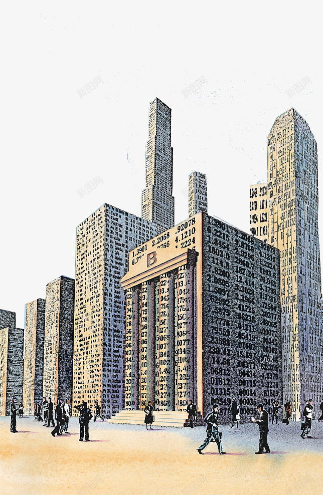 手绘银行大楼插图png免抠素材_新图网 https://ixintu.com 商务手绘插图 城市高楼林立 建筑 手绘 金融 银行 银行业 银行背景