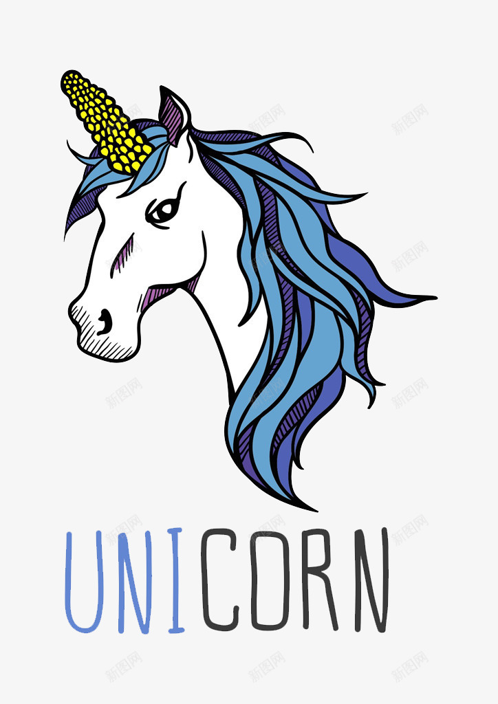 蓝色独角兽png免抠素材_新图网 https://ixintu.com 动物头像 独角兽 独角兽logo 眼睛 耳朵 蓝色鬃毛 颗粒状