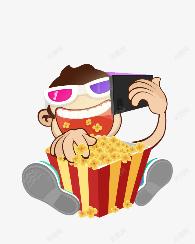 手绘看电影男孩png免抠素材_新图网 https://ixintu.com 小男孩 爆米花 看电影 零食