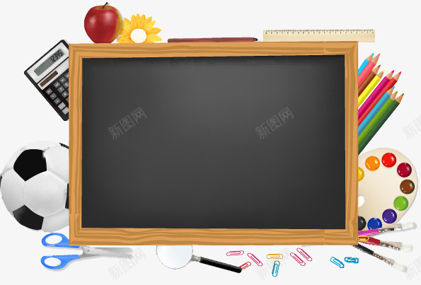 卡通黑板png免抠素材_新图网 https://ixintu.com 剪刀 学习 学习用具 学习用品 开学 开学季 直尺 笔 计算机 调色板 足球 铅笔 颜料版 黑板