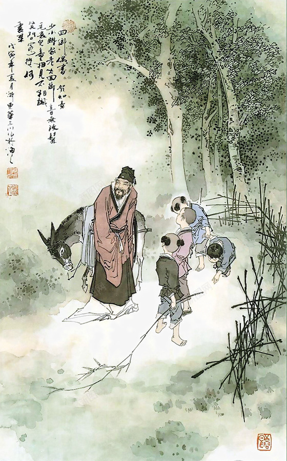 回乡偶遇png免抠素材_新图网 https://ixintu.com 中国画 古典 国画 图书插图 美术插图 艺术诗词 诗情画意 诗词插图