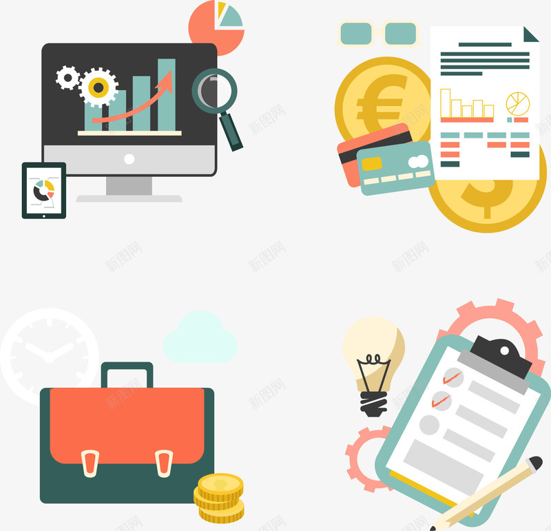 手绘扁平图标png_新图网 https://ixintu.com 公文包 办公 图标 扁平 手绘 电脑 金币