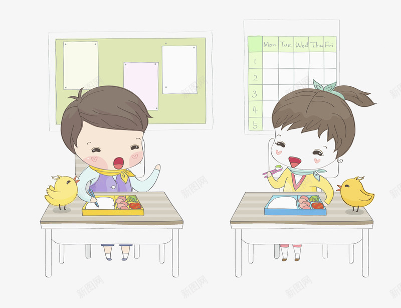 男孩女孩在桌子上吃饭png免抠素材_新图网 https://ixintu.com 卡通 可爱 吃饭 女孩 学习 小黄鸡 手绘 教室 桌子 男孩 课桌