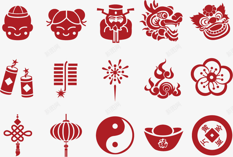 中国传统元素图标png_新图网 https://ixintu.com 中国元素图标 中国结 中国龙 传统文化 八卦 剪纸 古币 太极 形状 手绘 春节元素 材 火 灯笼 炮仗 狮头 福娃 红色 红色八卦图 舞狮 花 金元宝 铜币 铜板 鞭炮 龙