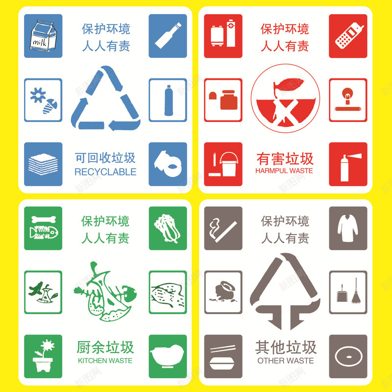 垃圾分类元素psd免抠素材_新图网 https://ixintu.com 其他垃圾 厨余垃圾 可回收垃圾 有害垃圾