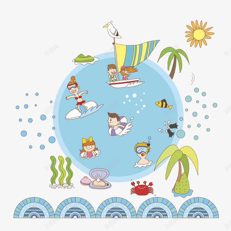 海底寻宝png免抠素材_新图网 https://ixintu.com 冲浪 卡通 小船 小鱼 手绘 椰子树 泡泡 海草 贝壳