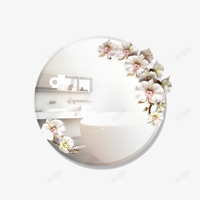 唯美圆形浴室镜子png免抠素材_新图网 https://ixintu.com 化妆镜 唯美 圆形 浴室镜 精美镜子 花朵 装饰镜