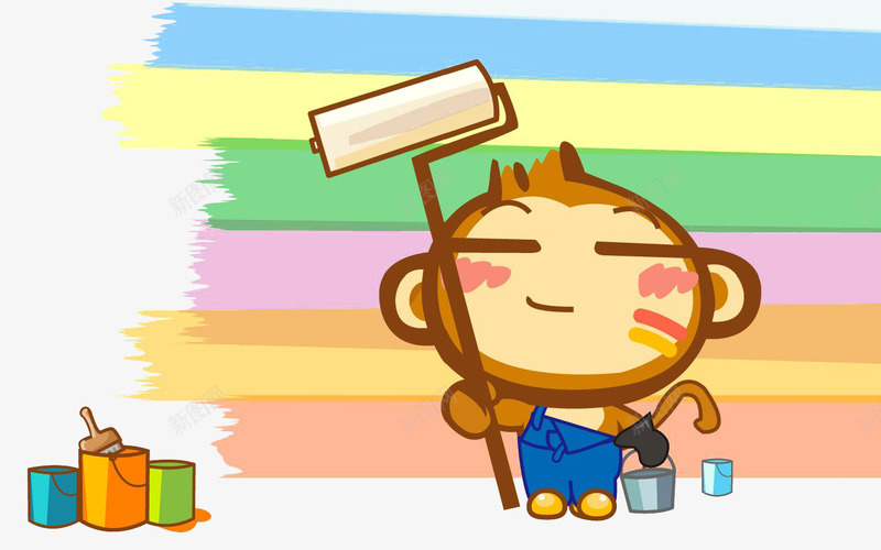 粉刷匠小猴子png免抠素材_新图网 https://ixintu.com 墙壁 彩色 漆料 装修