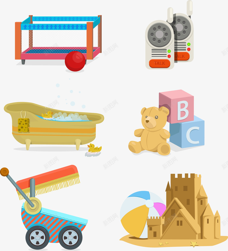 卡通婴儿用品png免抠素材_新图网 https://ixintu.com 婴儿床 婴儿车 沙滩 玩具手机 玩具熊 积木