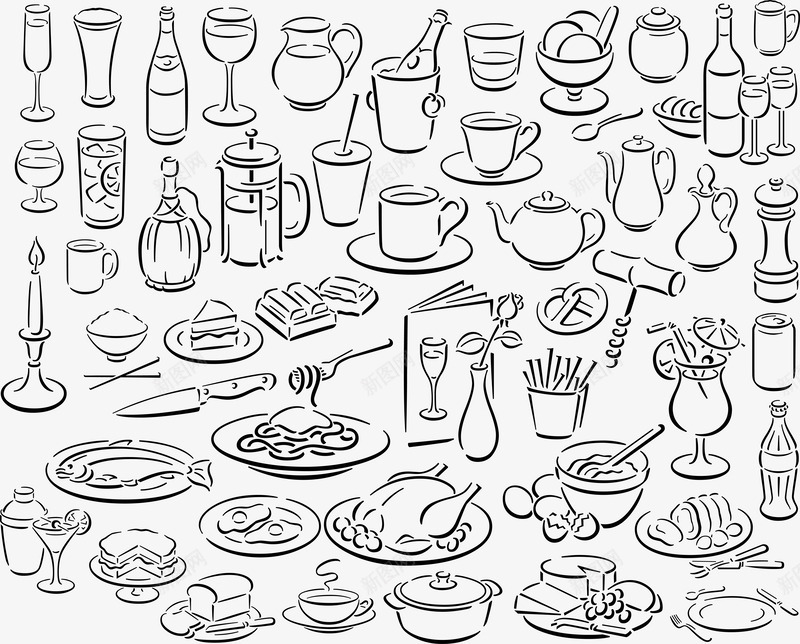 简约白描餐具矢量图eps免抠素材_新图网 https://ixintu.com 三明治 冰淇淋 咖啡 土司 料理 汽水 火鸡 烹饪 牛排 玫瑰花 白描 矢量图 简约 米饭 美食 美食制作过程 花瓶 茶 茶壶 葡萄酒 薯条 蛋糕 调料瓶 酒 面包 食物 餐具 餐厅素材 饮料 鱼 黑描
